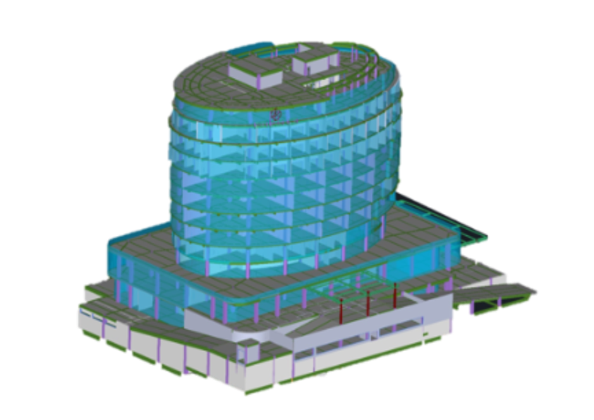 3D structural model of the Cimanggis Office and Apartment project in Depok, created using Glodon Cubicost TAS and TRB, showing detailed architectural and structural layouts.