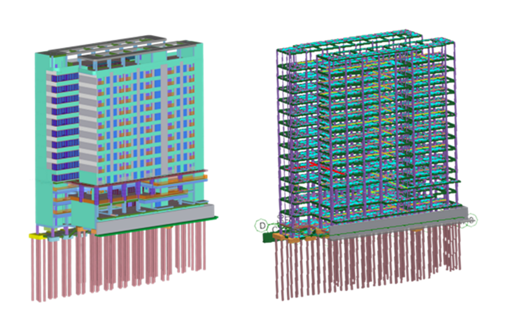 3D BIM models of an ASN Apartment 2 tower created with Glodon Cubicost. The right model illustrates architectural layout, structural components, and pile foundation design, while the left model shows a detailed rebar structure with reinforcement elements and piles for precise cost estimation and accuracy.