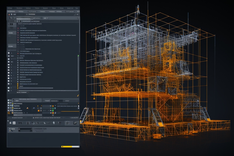 Digital 3D model of a building structure showing MEP engineering coordination using BIM software.
